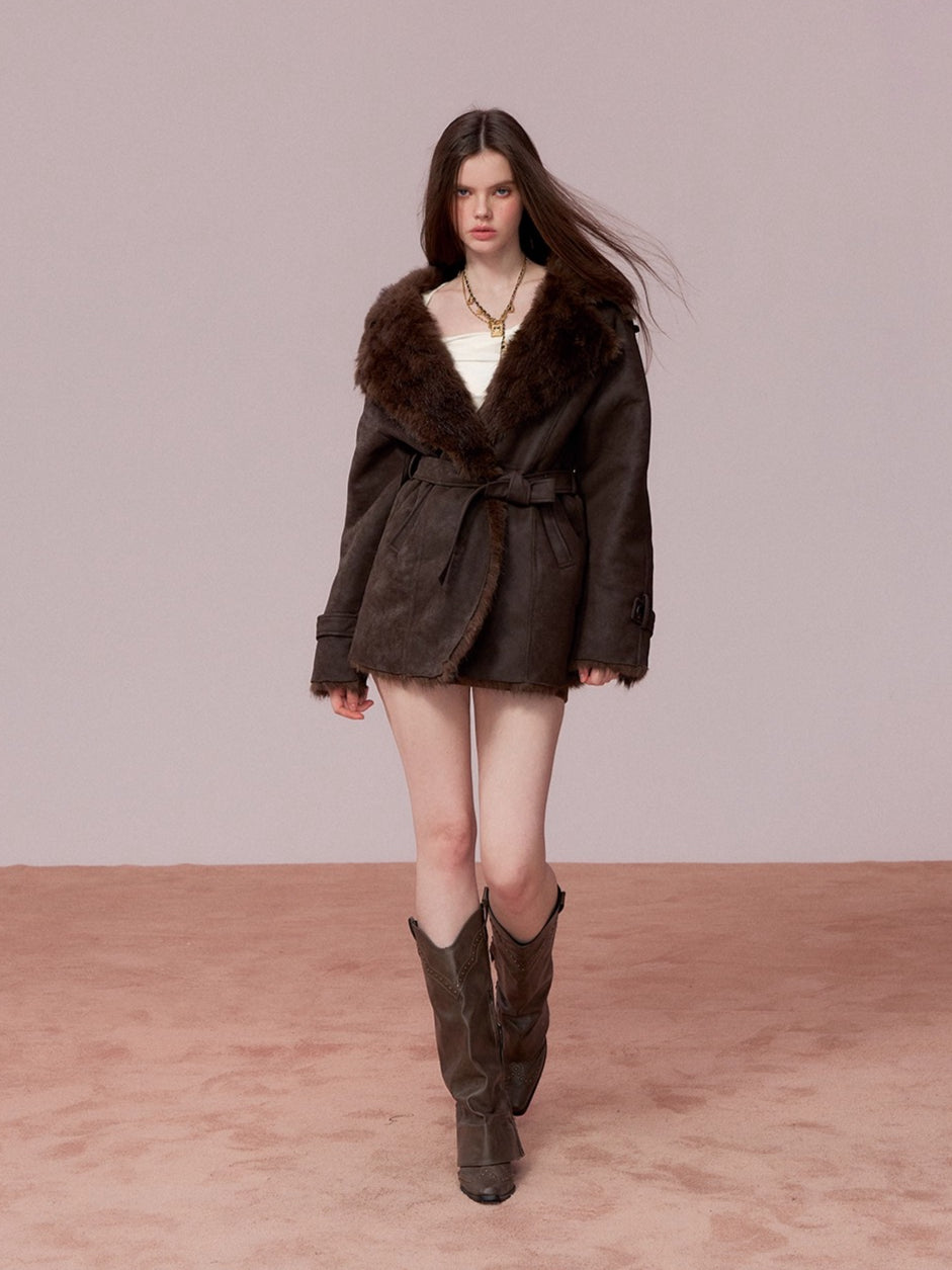 Faux Shearling-Lined PU Belted Coat