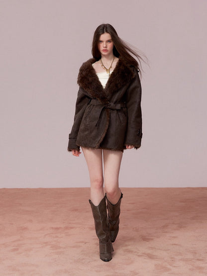 Faux Shearling-Lined PU Belted Coat