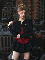 Red Plaid Lace Puff Dress Set