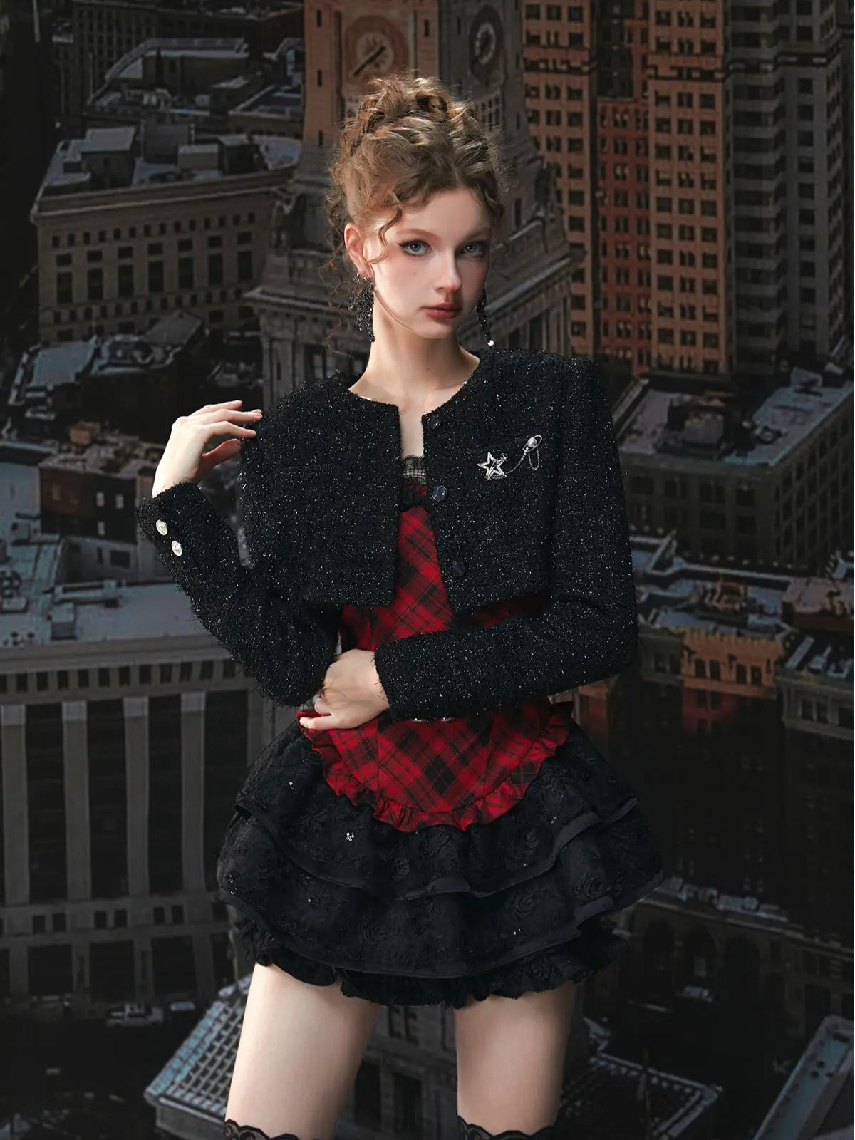 Red Plaid Lace Puff Dress Set