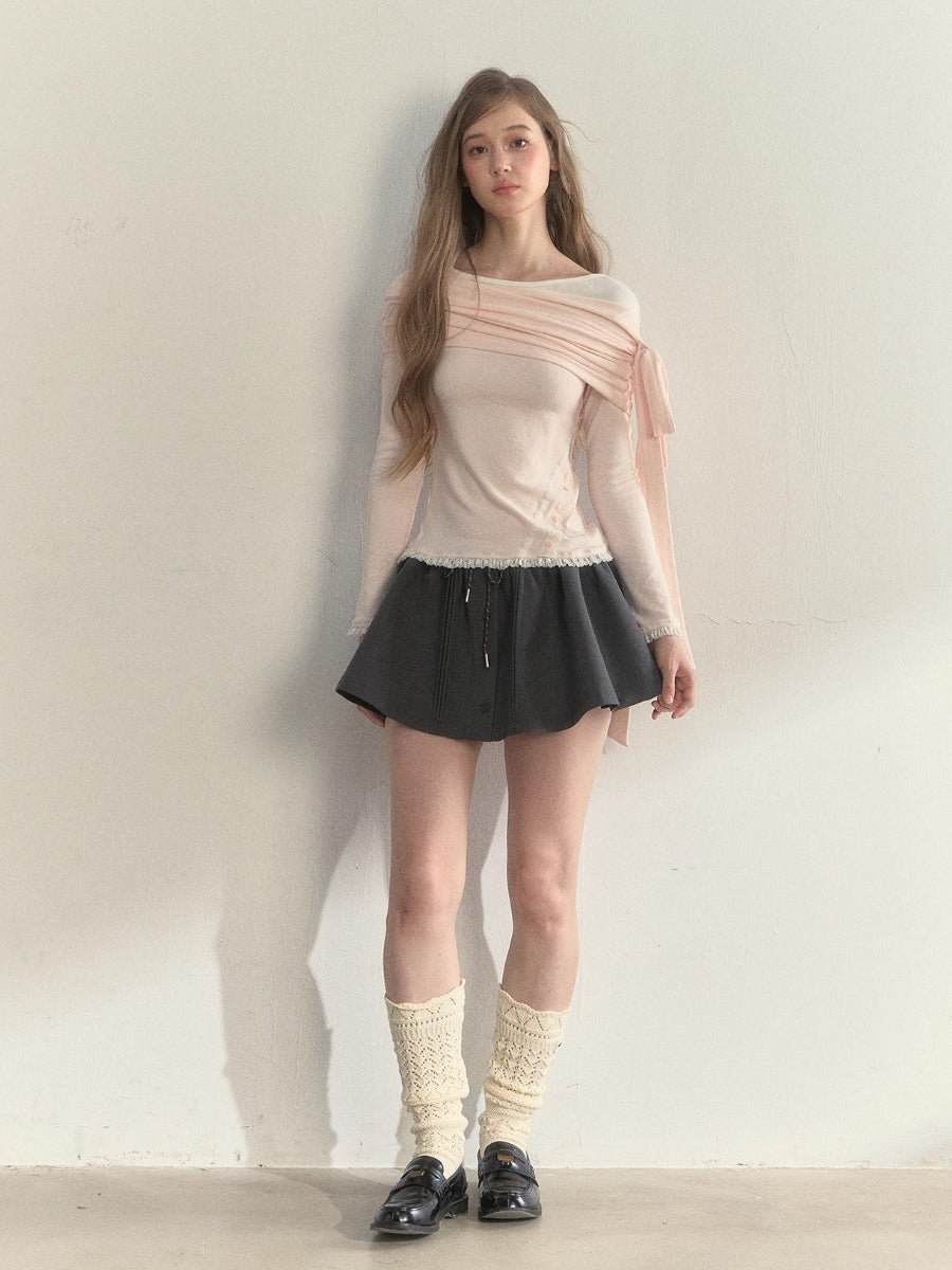 “Ribbon Shoulder” Off-Shoulder Knit Top