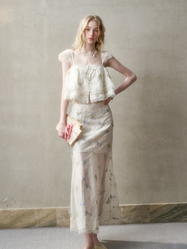 Lace Embroidery Flower French - Style Shirt &amp; Skirt Set