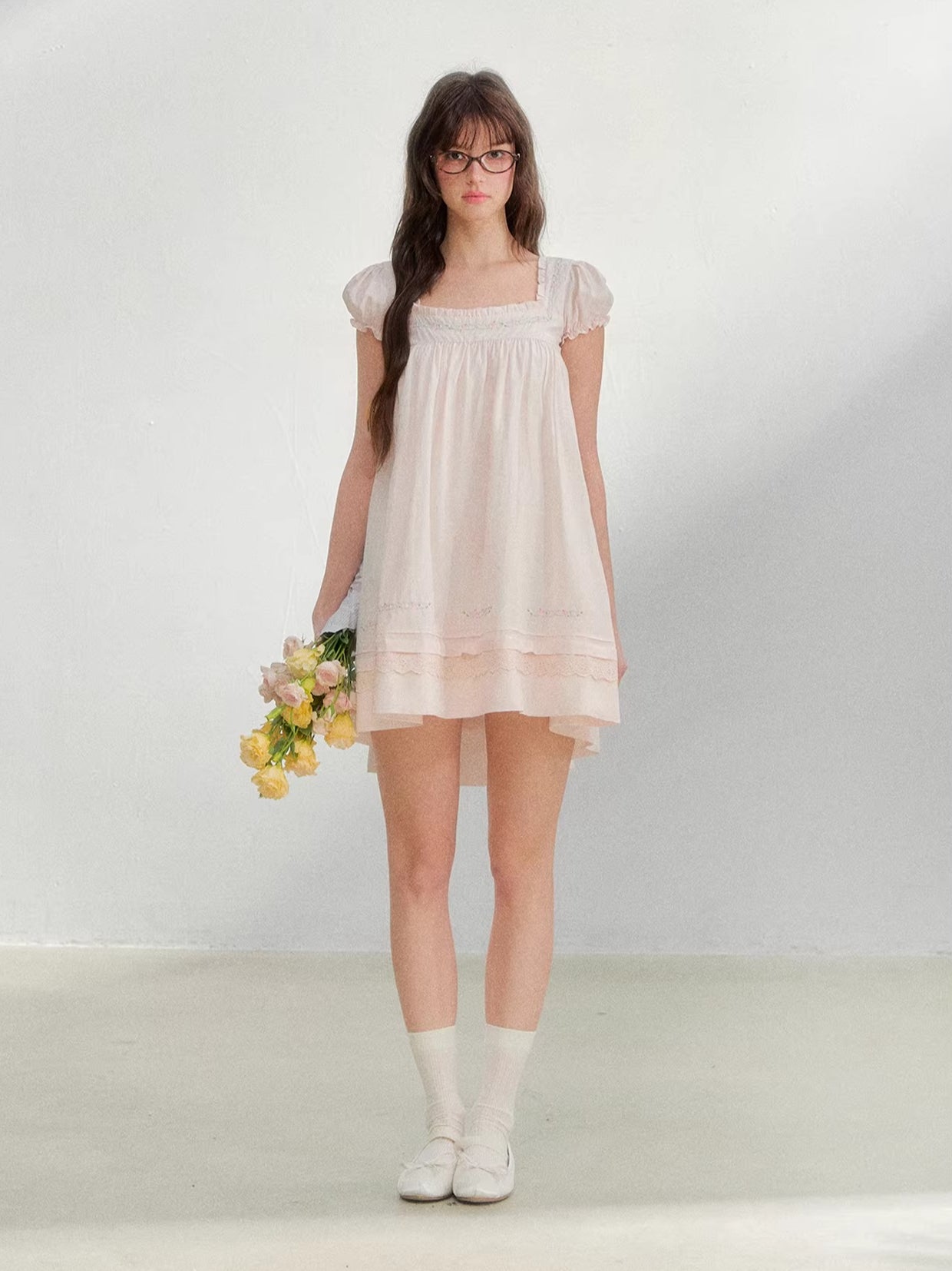 Pink Embroidered Square Neck Dress