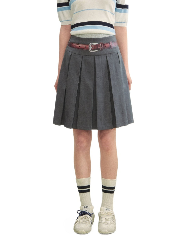 Fake Two-piece Printed Belted Pleated Skirt