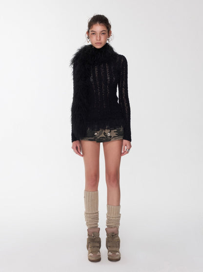 Cable Knit Faux-Fur Trim Fitted Sweater
