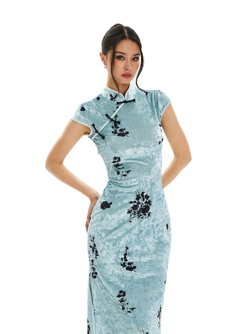 Light Blue Ink Floral Qipao Dress