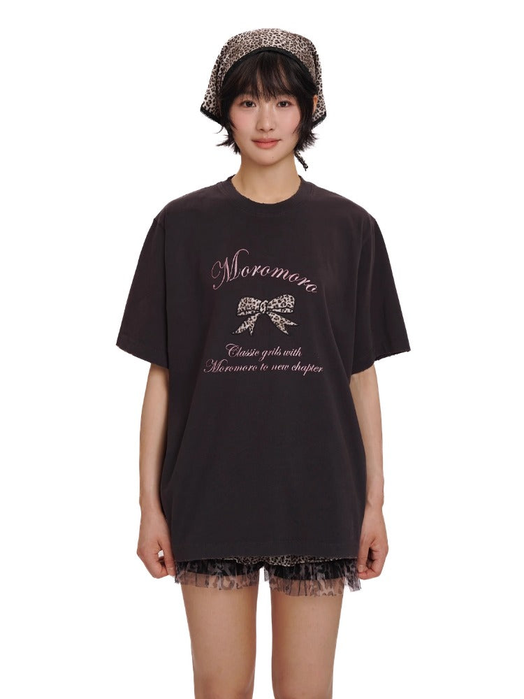 Leopard Print Butterfly Bow Embroidered T-shirt