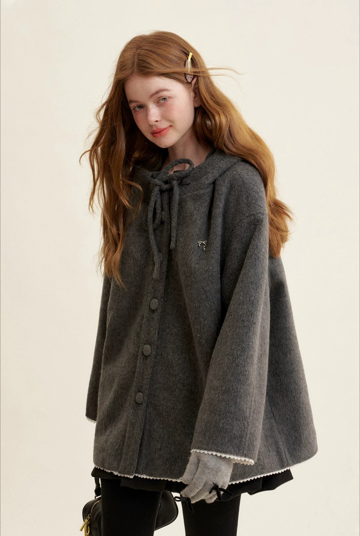Gray Bow Hooded Cape Coat