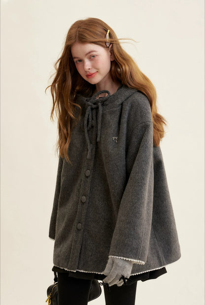 Gray Bow Hooded Cape Coat