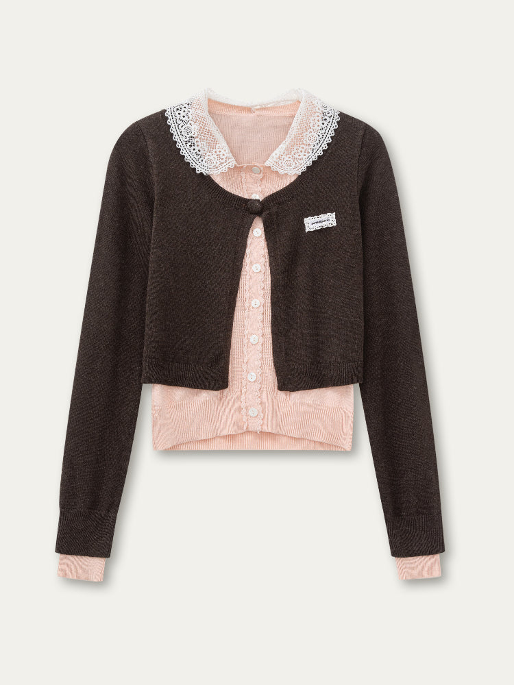 Lace Collar Fake Two-piece Cardigan