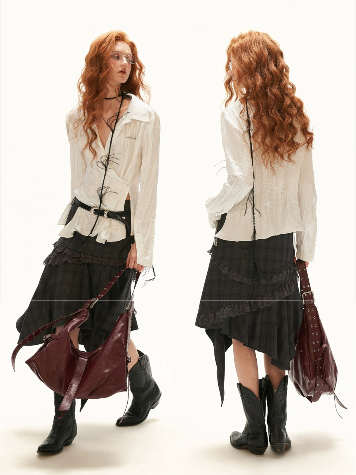 Textured Pleated Collar Long Sleeve Blouse