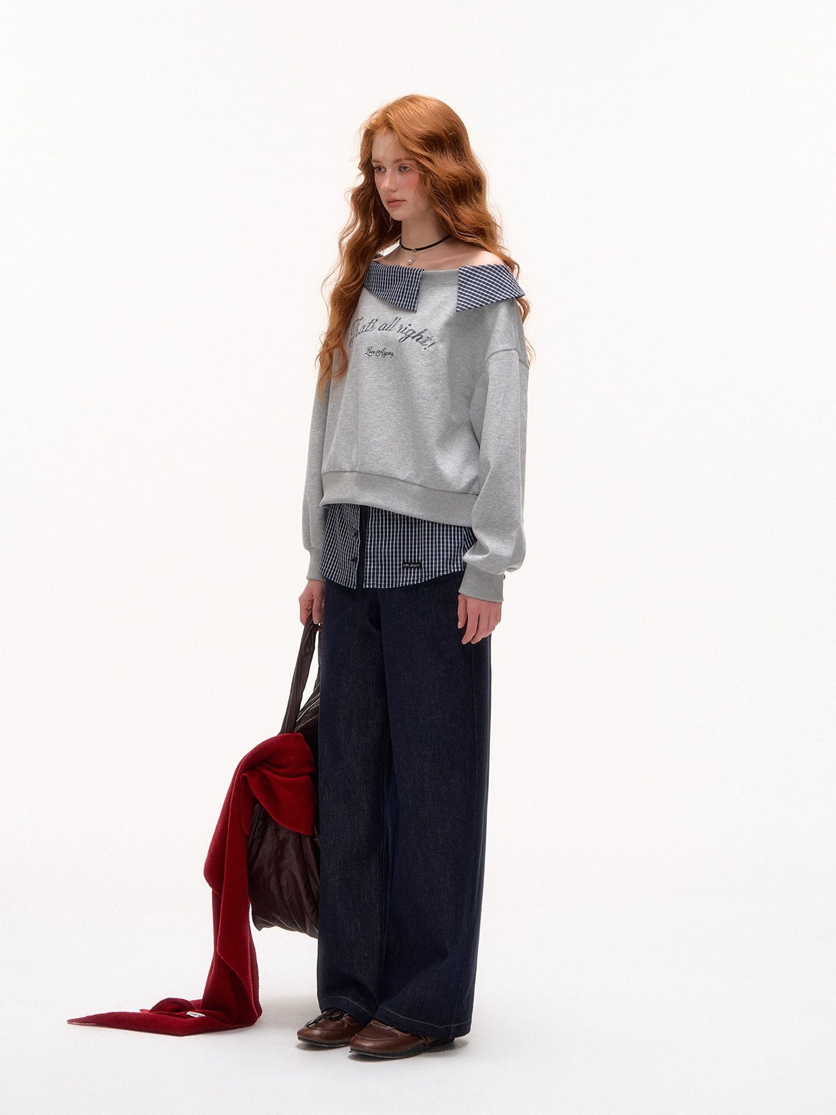 Plaid Patchwork Faux Two-Piece Straight-Leg Jeans