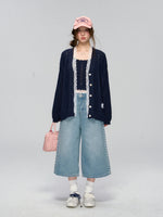 Side Seam Beaded Wide-leg Cropped Jeans