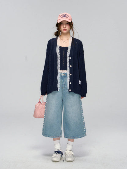 Side Seam Beaded Wide-leg Cropped Jeans