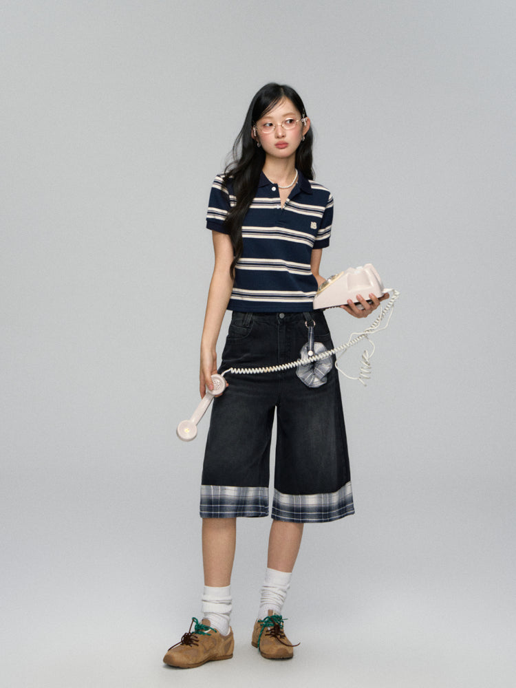 Polo-Collar Striped Color-Blocking T-shirt