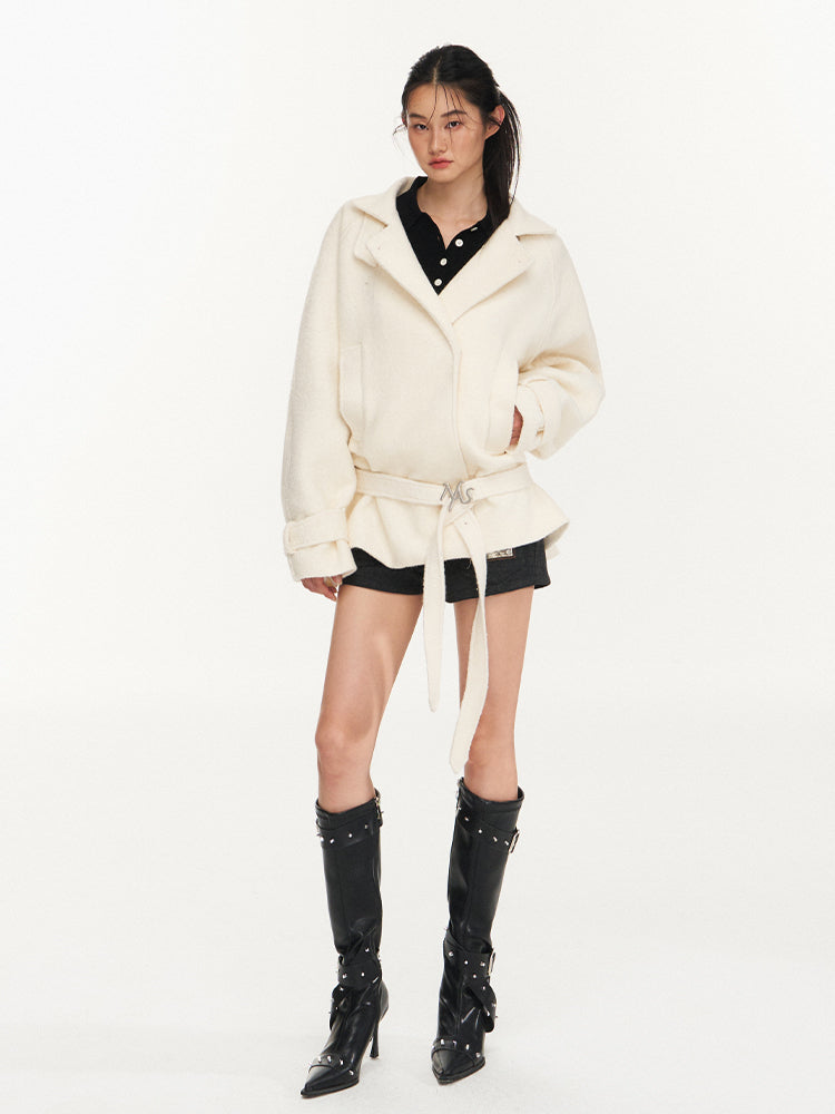 Cream &amp; Black Wool Blend Loose Lapel Jacket