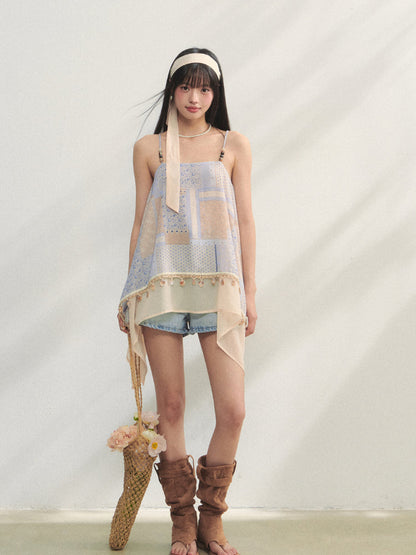 Irregular Beaded Strappy Printed Slip Dress