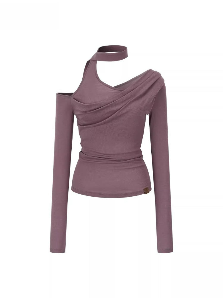 Asymmetrical Ribbon Off-Shoulder Knit Tee