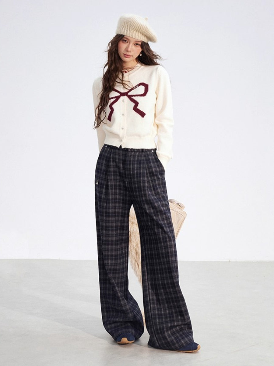 Gray Fleece Checkered Wide-Leg Pants