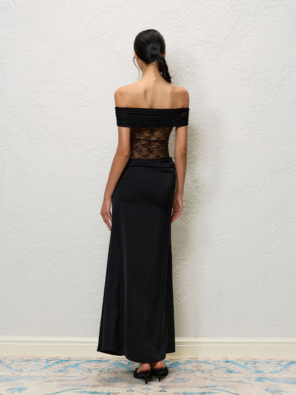 Green &amp; Black Lace Off-Shoulder Slip Dress