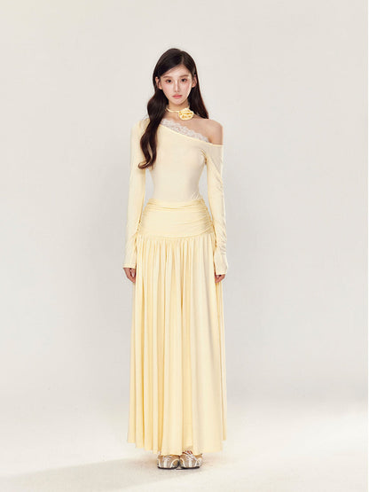 Off-Shoulder Asymmetrical Waist Pleated Dress