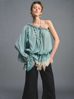 Turquoise One-Shoulder Chiffon Blouse