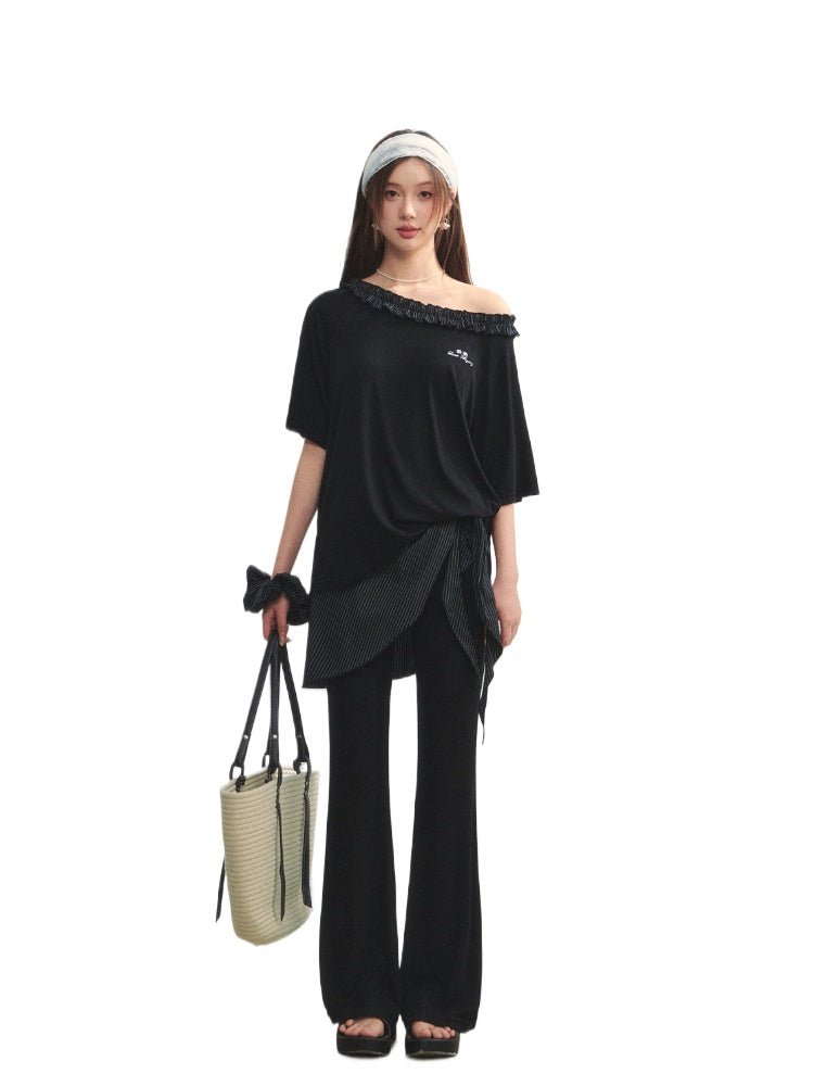 Checkered Asymmetric Shoulder Short-Sleeve T-Shirt & Pants Set