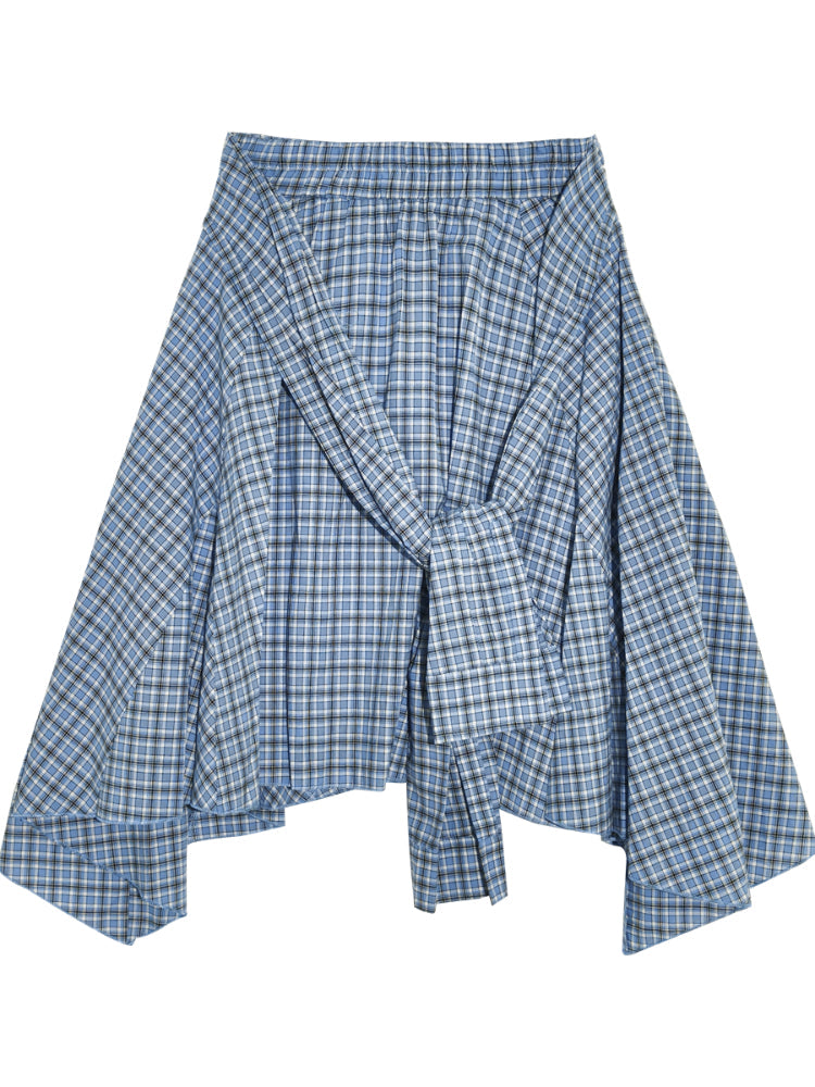 Blue Checkered Irregular Tie-Waist Skirt