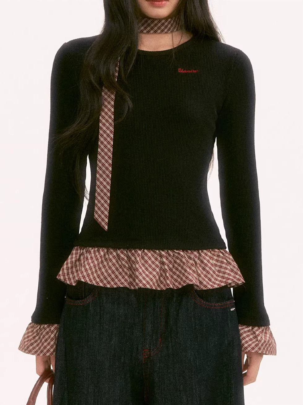 Black Plaid Ruffle Long-Sleeve Top
