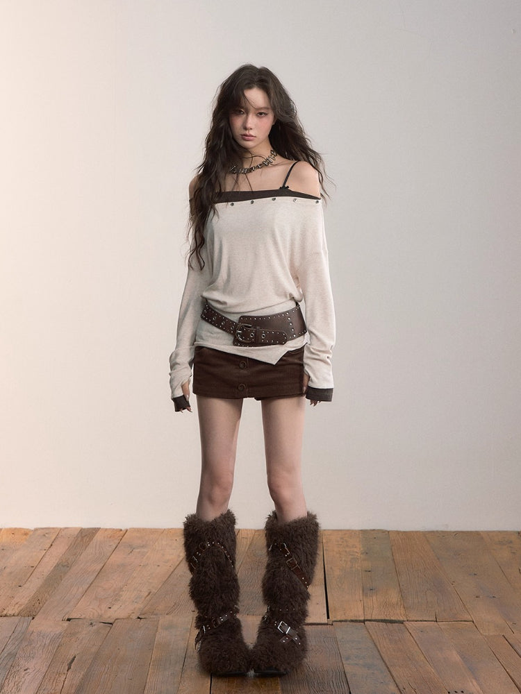 Contrast Off-Shoulder Irregular Knit Top