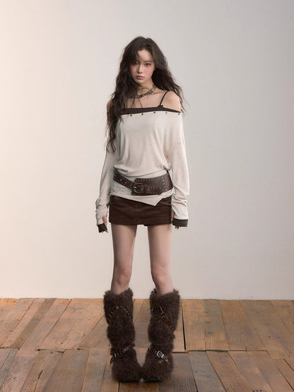 Contrast Off-Shoulder Irregular Knit Top