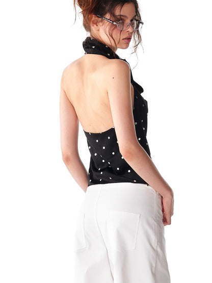Black Silver Polka Dot Neckline Backless Top