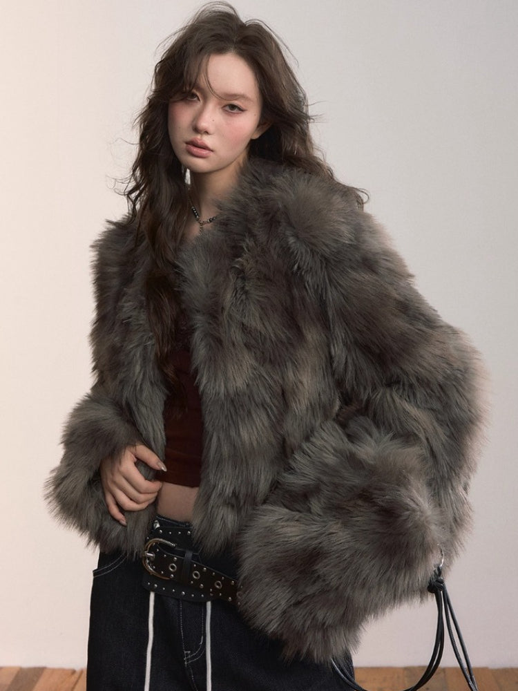 Short PU Leather Faux Fur Collar Coat