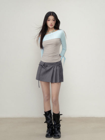 Color Block Waist Tie 3/4 Sleeve T-shirt