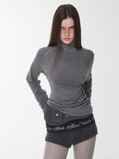 Rhinestone High Neck Raglan Knit Top