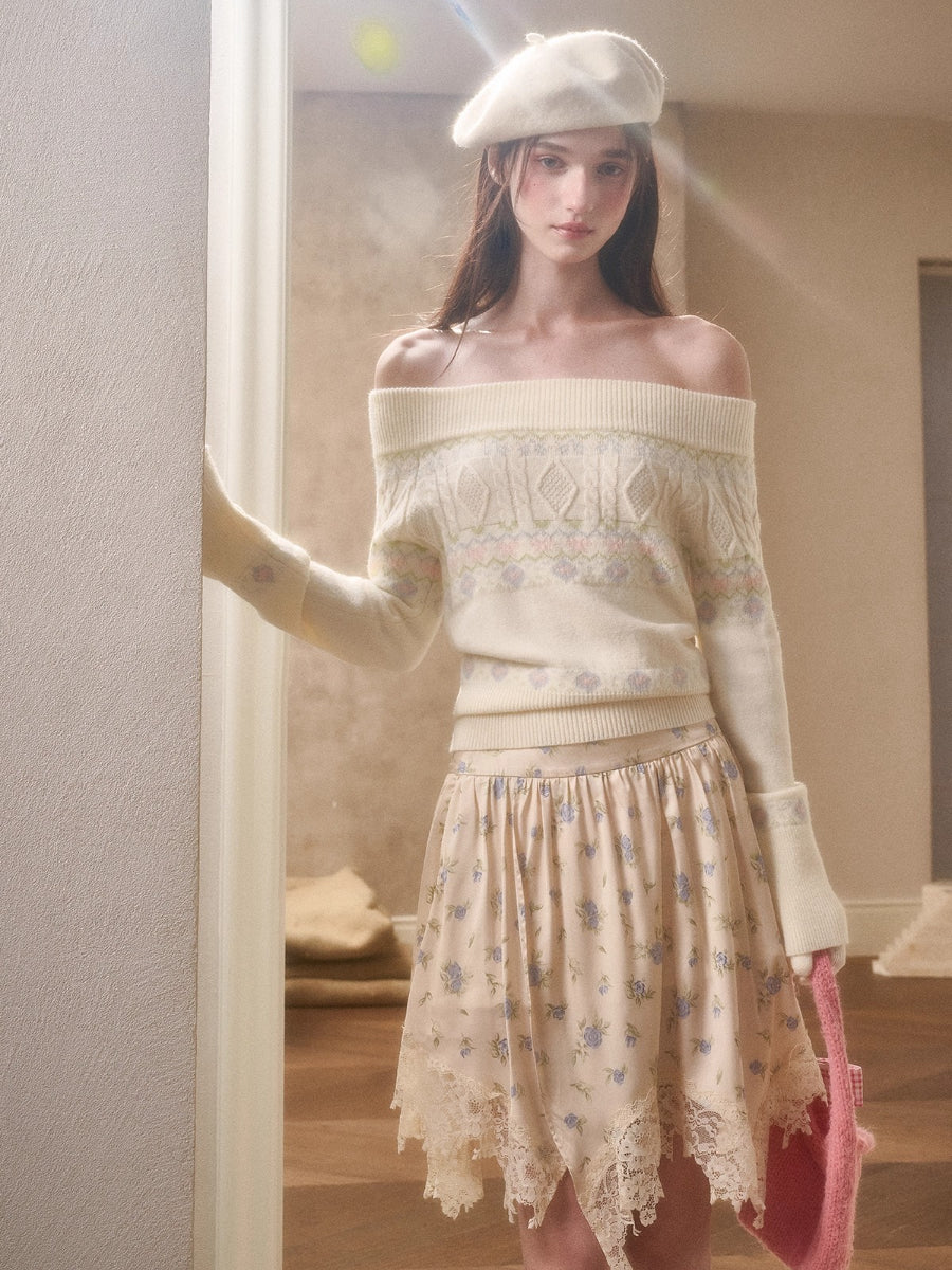 Cosagach Fair Isle Knit Crewneck &amp; Floral Skirt Set