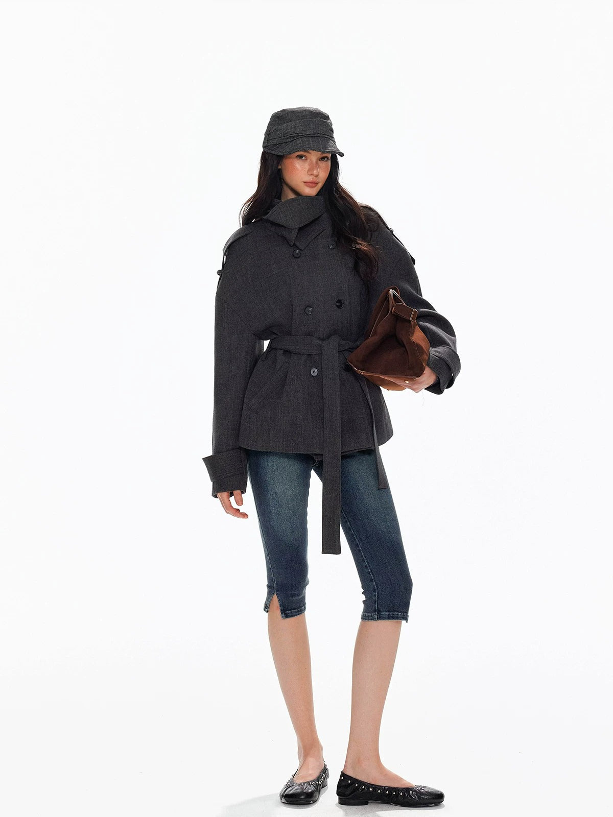 Wool Double Breasted Belted Short Coat