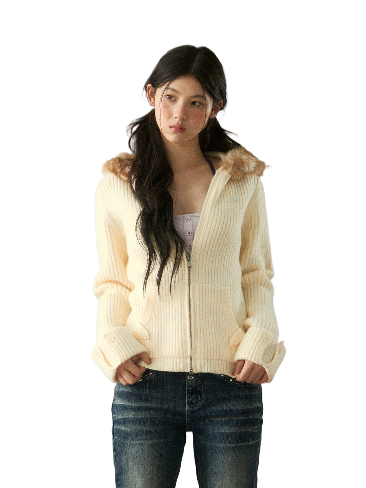 Fawn Fur Collar Ribbed Knit Cardigan