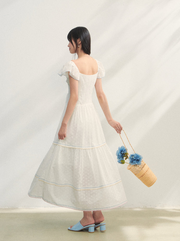 White Square Neck Hollow Embroidered Dress