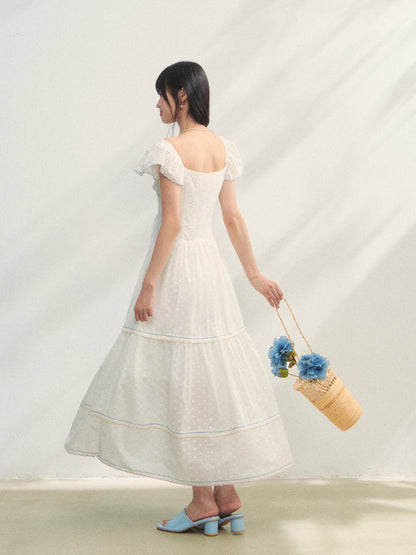 White Square Neck Hollow Embroidered Dress