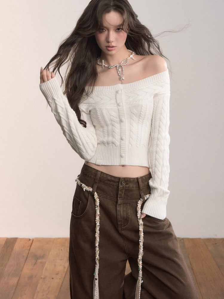 Off-Shoulder Cable Knit Sweater