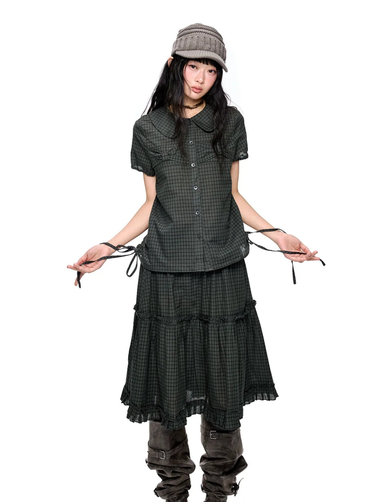 Polka Dot Collar Shirt &amp; Skirt Set