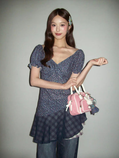 Floral Patchwork Mesh Bow Tie Bubble Sleeve Top &amp; Dress