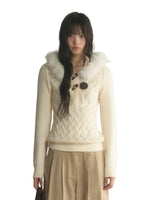 Fur-Trimmed Hooded Toggle Cable-Knit Sweater