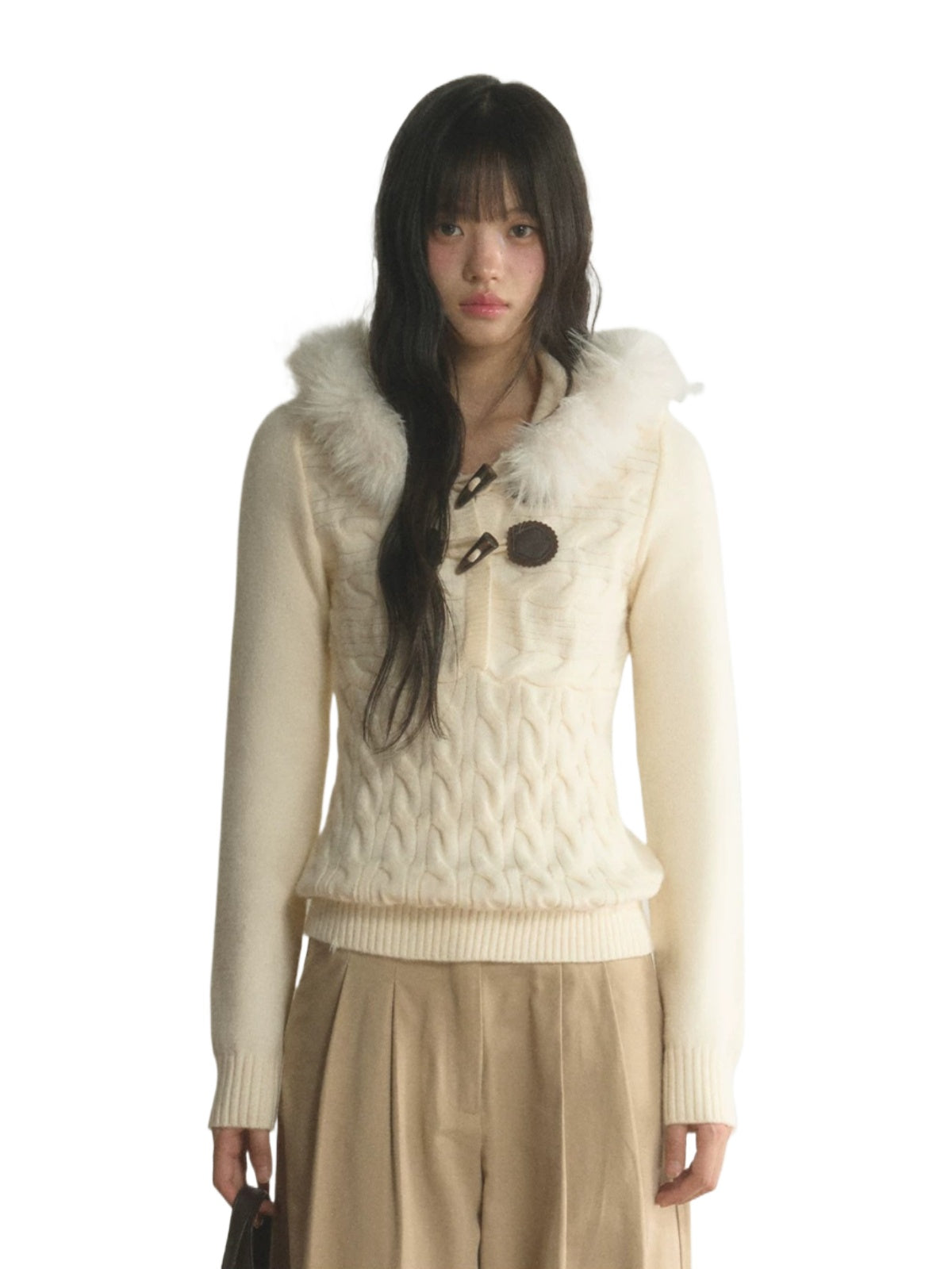 Fur-Trimmed Hooded Toggle Cable-Knit Sweater