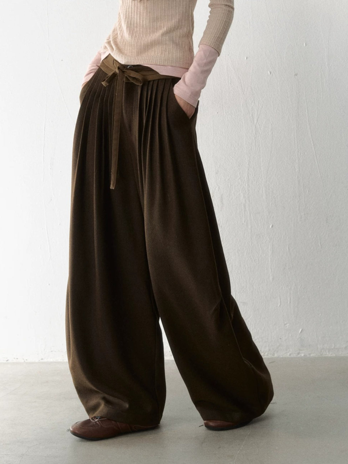 Pleated Tie-Waist Wide Leg Trousers