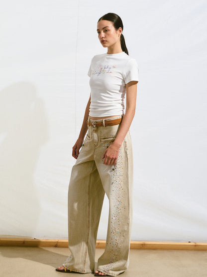 Gradient Rhinestone Mid-Waist Slim Fit Women&