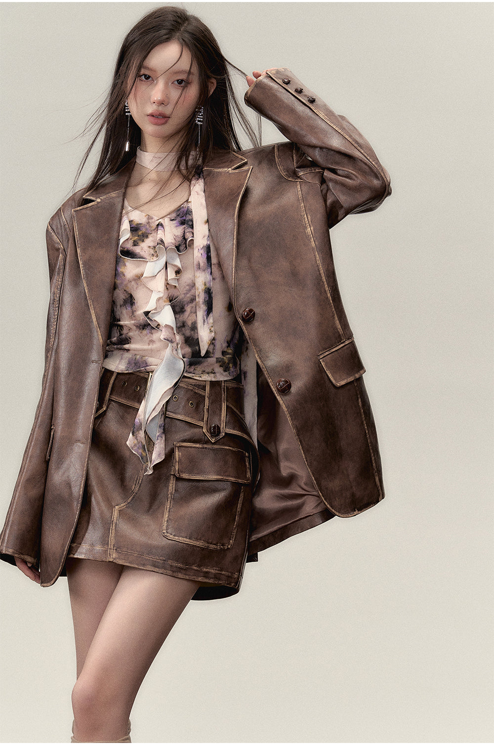 Vintage PU Leather Jacket &amp; Skirt Two-Piece Set