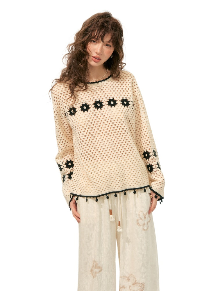 Hollow Out Pullover Crochet Crew Neck Sweater