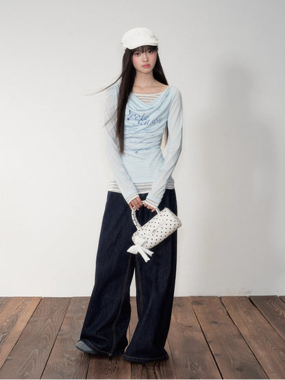 Blue &amp; Gray Printed Draped Long-Sleeve T-shirt